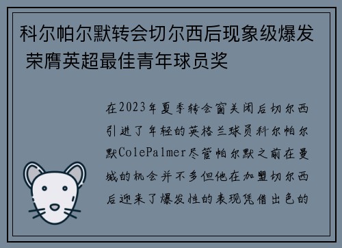 科尔帕尔默转会切尔西后现象级爆发 荣膺英超最佳青年球员奖 科尔帕尔默转会切尔西后现象级爆发 荣膺英超最佳青年球员奖