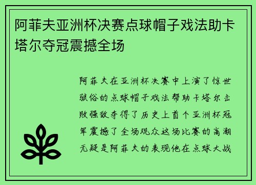 阿菲夫亚洲杯决赛点球帽子戏法助卡塔尔夺冠震撼全场